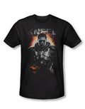 Superman Man of Steel kneel graphic on a black adult t-shirt.