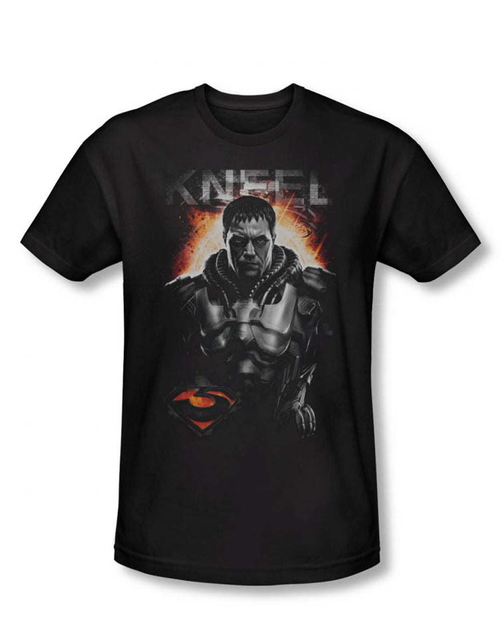 Superman Man of Steel kneel graphic on a black adult t-shirt.