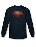 Man of Steel shield graphic on a navy blue adult long sleeve top.