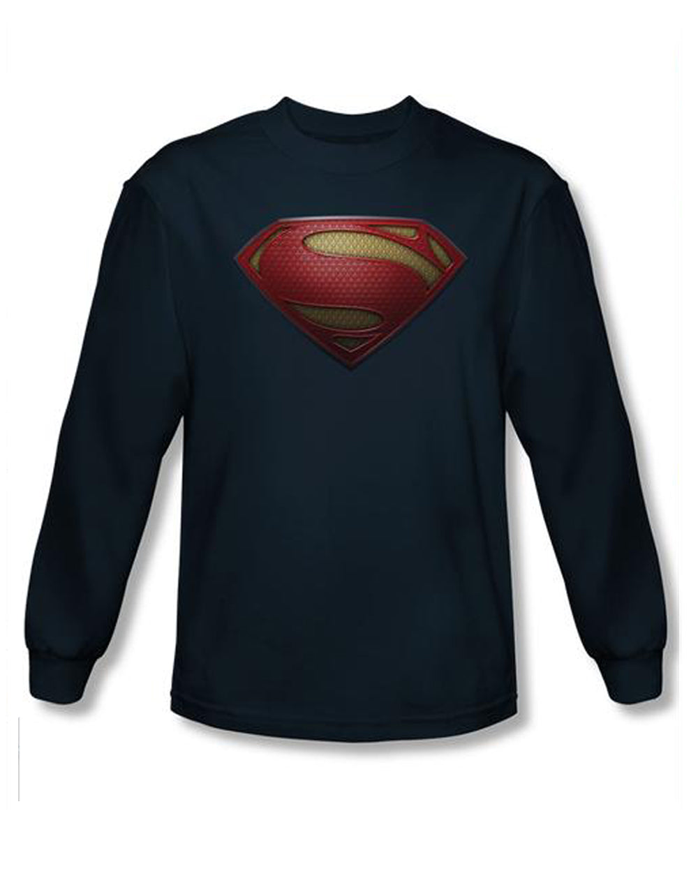 Man of Steel shield graphic on a navy blue adult long sleeve top.