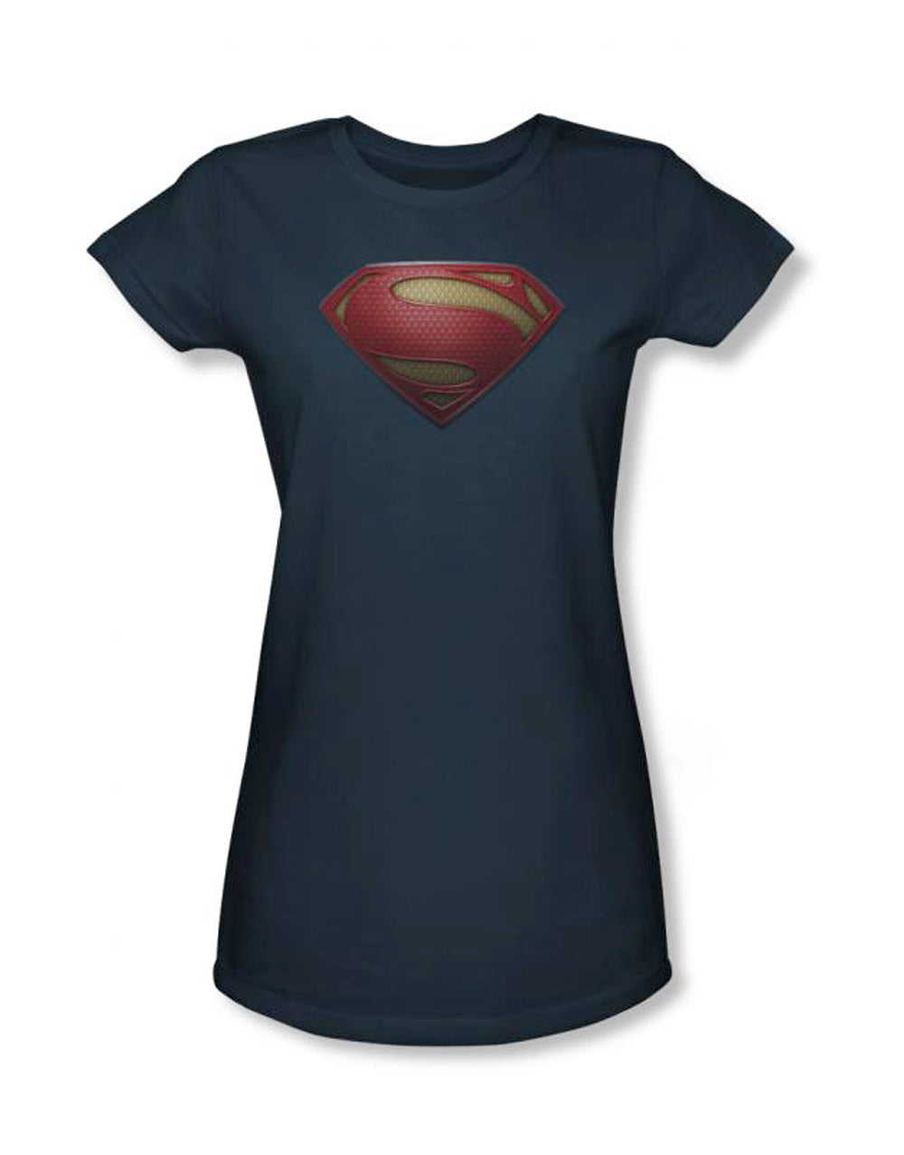 Superman Man of Steel shield graphic on a navy blue women's t-shirt.
