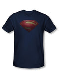 Man of Steel shield graphic on a navy blue adult t-shirt.