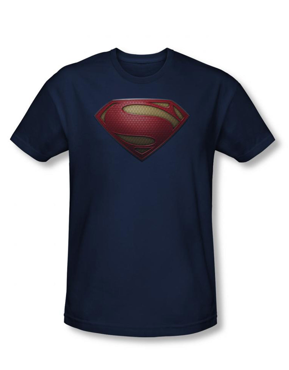 Man of Steel shield graphic on a navy blue adult t-shirt.