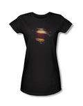 Superman Man of Steel grungy shield graphic on a black women's t-shirt.