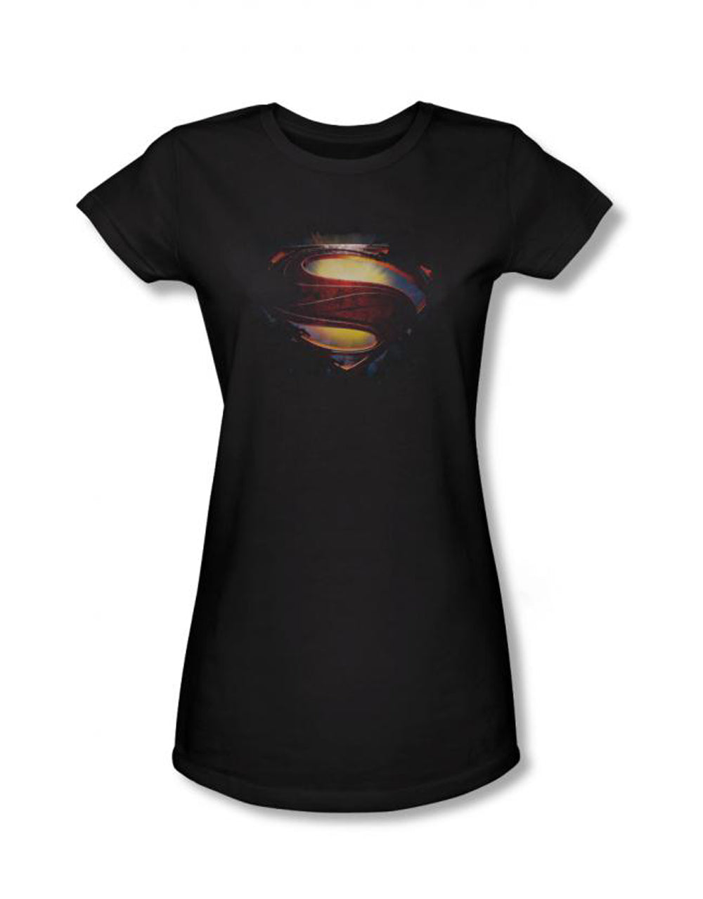 Superman Man of Steel grungy shield graphic on a black women's t-shirt.