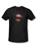 Man of Steel grungy shield graphic on a black adult t-shirt.