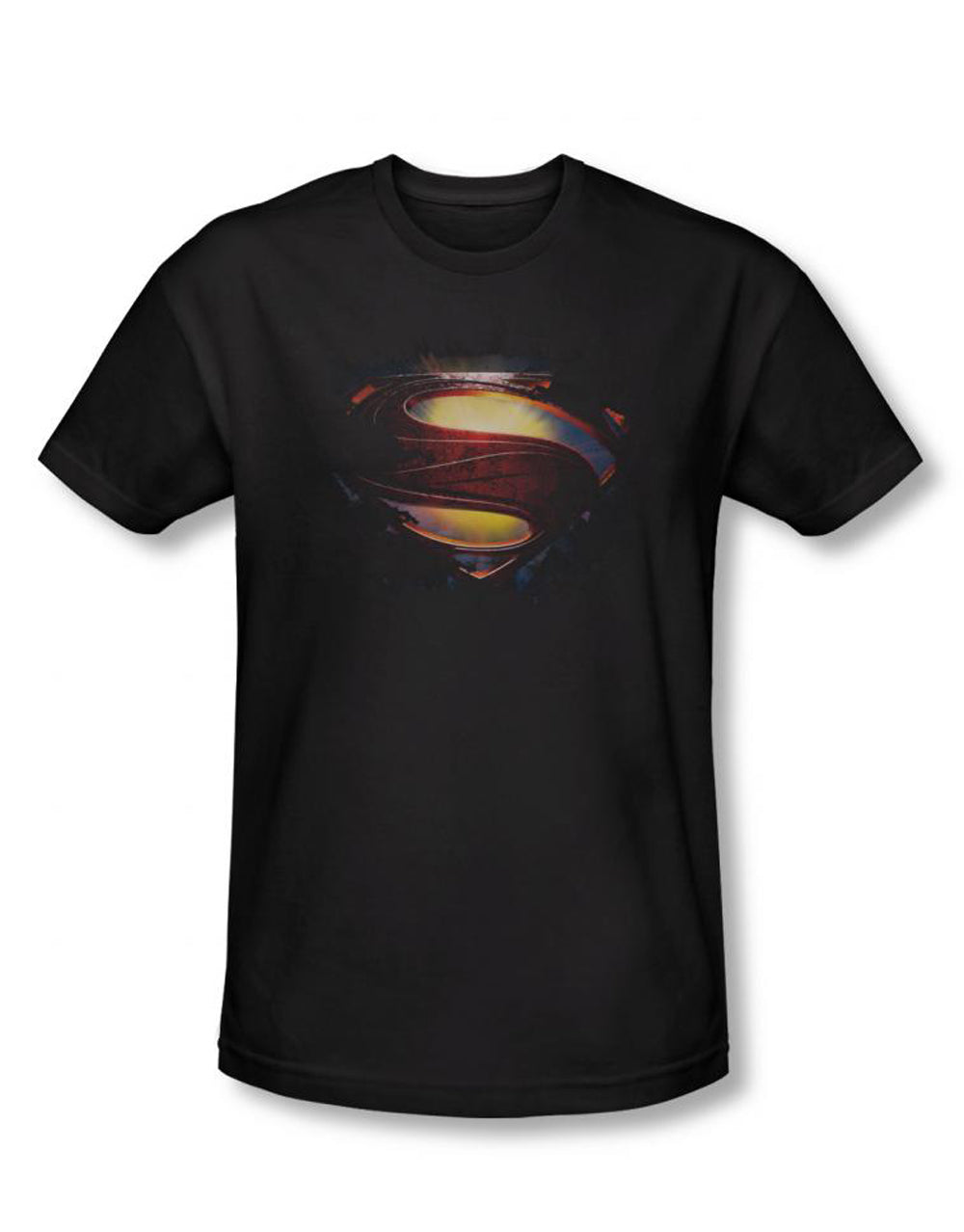 Man of Steel grungy shield graphic on a black adult t-shirt.