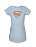 Superman Man of Steel distressed shield graphic on a blue women's t-shirt.