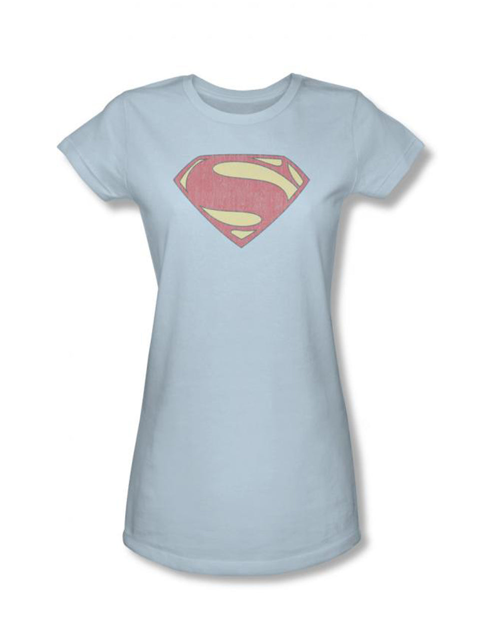 Superman Man of Steel distressed shield graphic on a blue women's t-shirt.