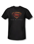 Man of Steel new logo graphic on a black adult t-shirt.