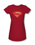 Superman Man of Steel solid shield graphic on a red women's t-shirt.