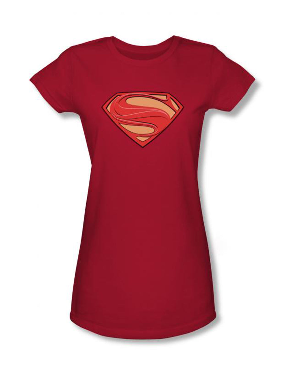 Superman Man of Steel solid shield graphic on a red women's t-shirt.