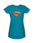 Superman Man of Steel solid shield graphic on a blue women's t-shirt.