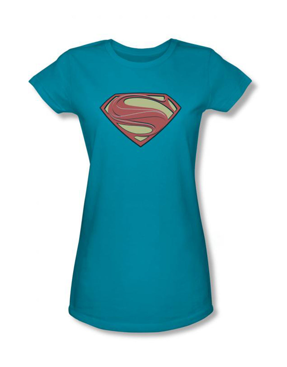 Superman Man of Steel solid shield graphic on a blue women's t-shirt.