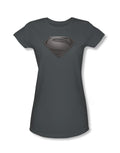 Superman Man of Steel desaturated shield graphic on a grey women's t-shirt.