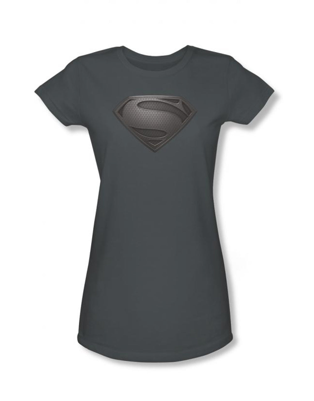 Superman Man of Steel desaturated shield graphic on a grey women's t-shirt.