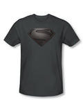 Man of Steel desaturated logo graphic on a charcoal grey adult t-shirt.