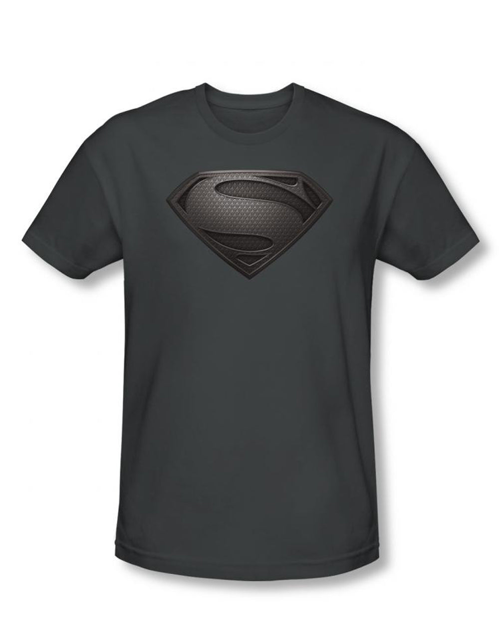 Man of Steel desaturated logo graphic on a charcoal grey adult t-shirt.