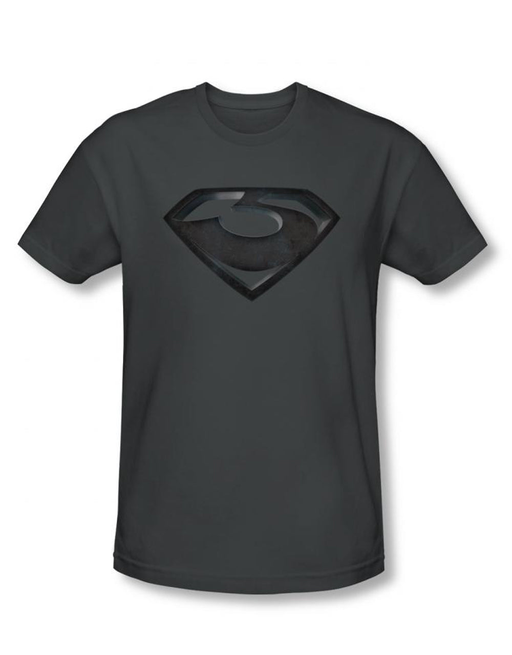 Superman Man of Steel Zod shield graphic on a charcoal grey adult t-shirt.