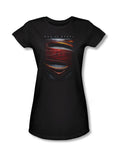 Superman Man of Steel close up shield graphic on a black women's t-shirt.