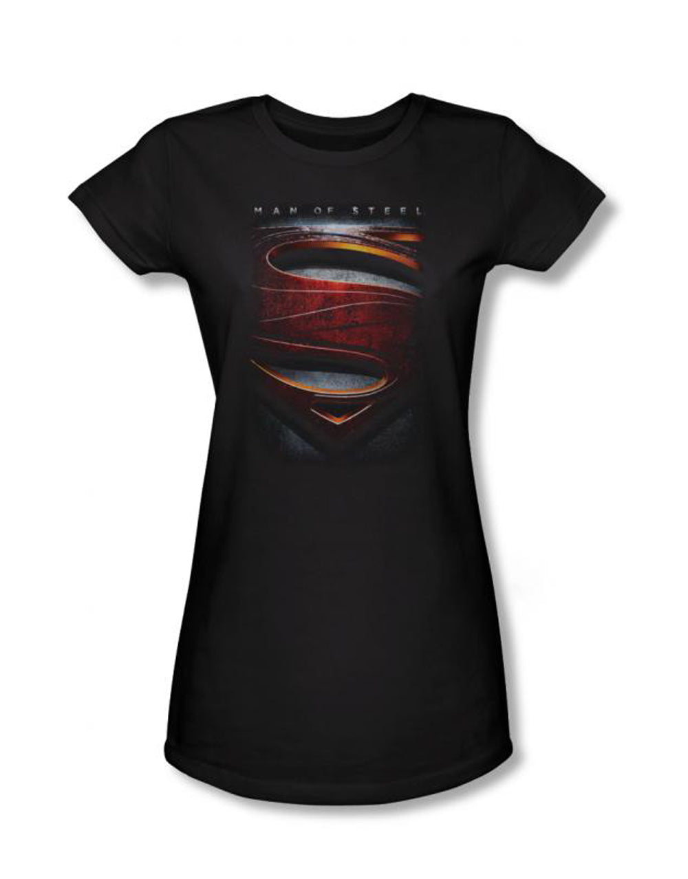 Superman Man of Steel close up shield graphic on a black women's t-shirt.