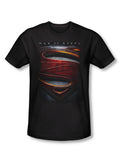 Man of Steel sup shield graphic on a black adult t-shirt.