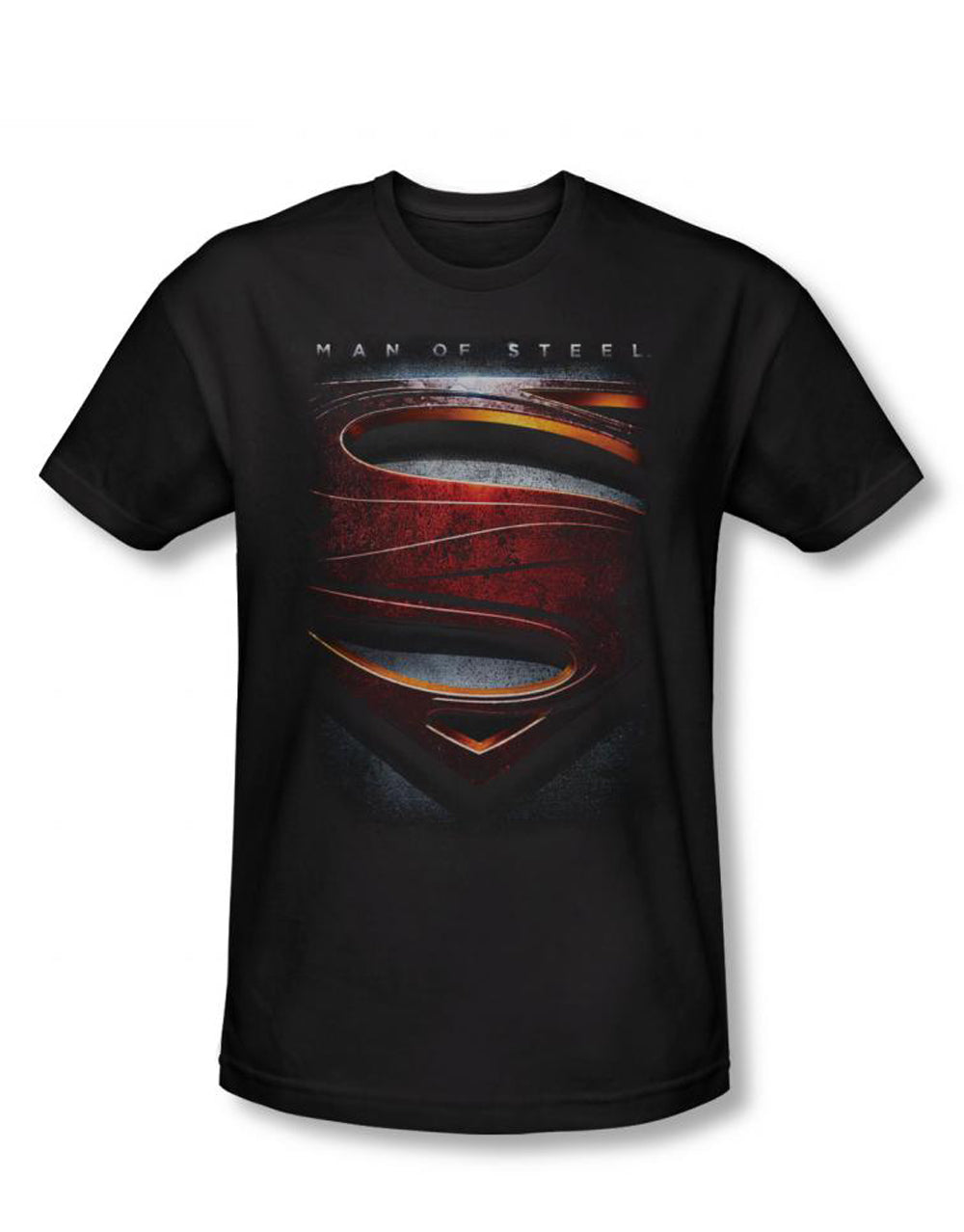 Man of Steel sup shield graphic on a black adult t-shirt.