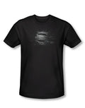 Man of Steel shield burst graphic on a black adult t-shirt.