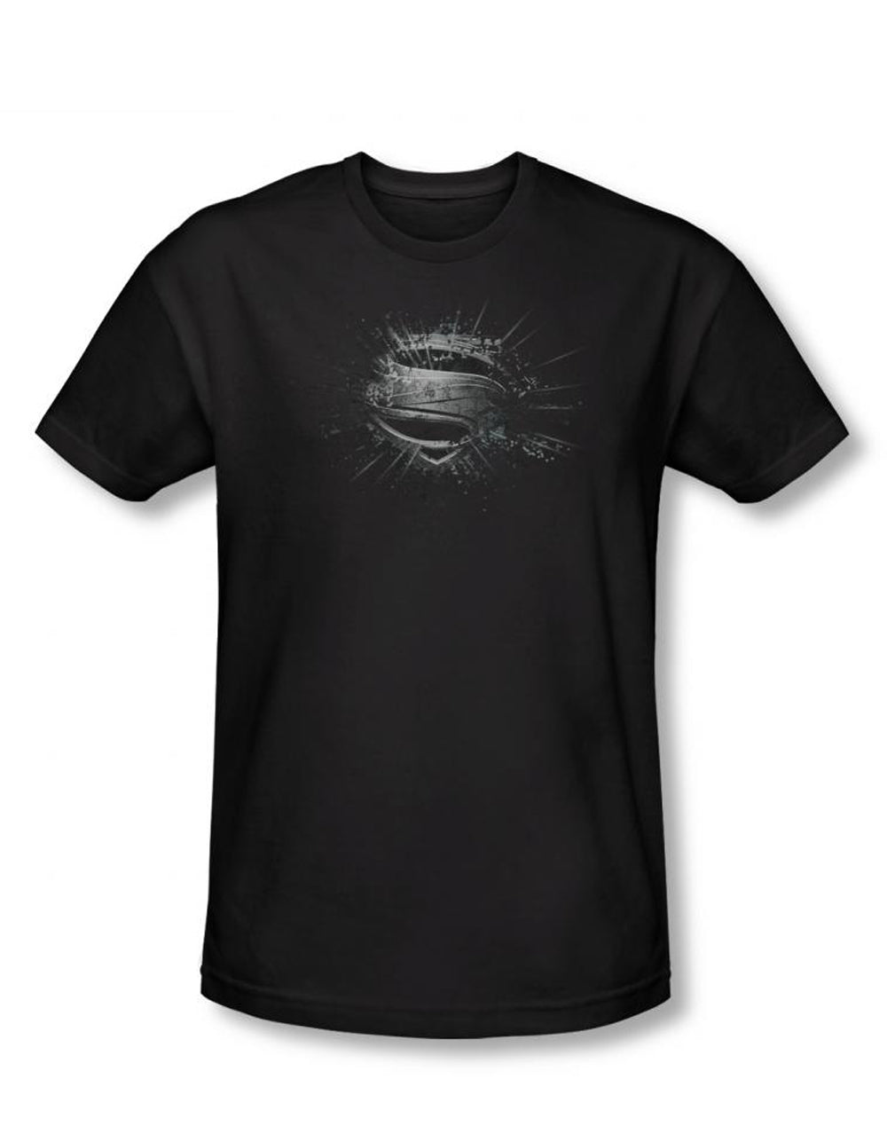 Man of Steel shield burst graphic on a black adult t-shirt.