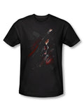 Man of Steel fly graphic on a black adult t-shirt.