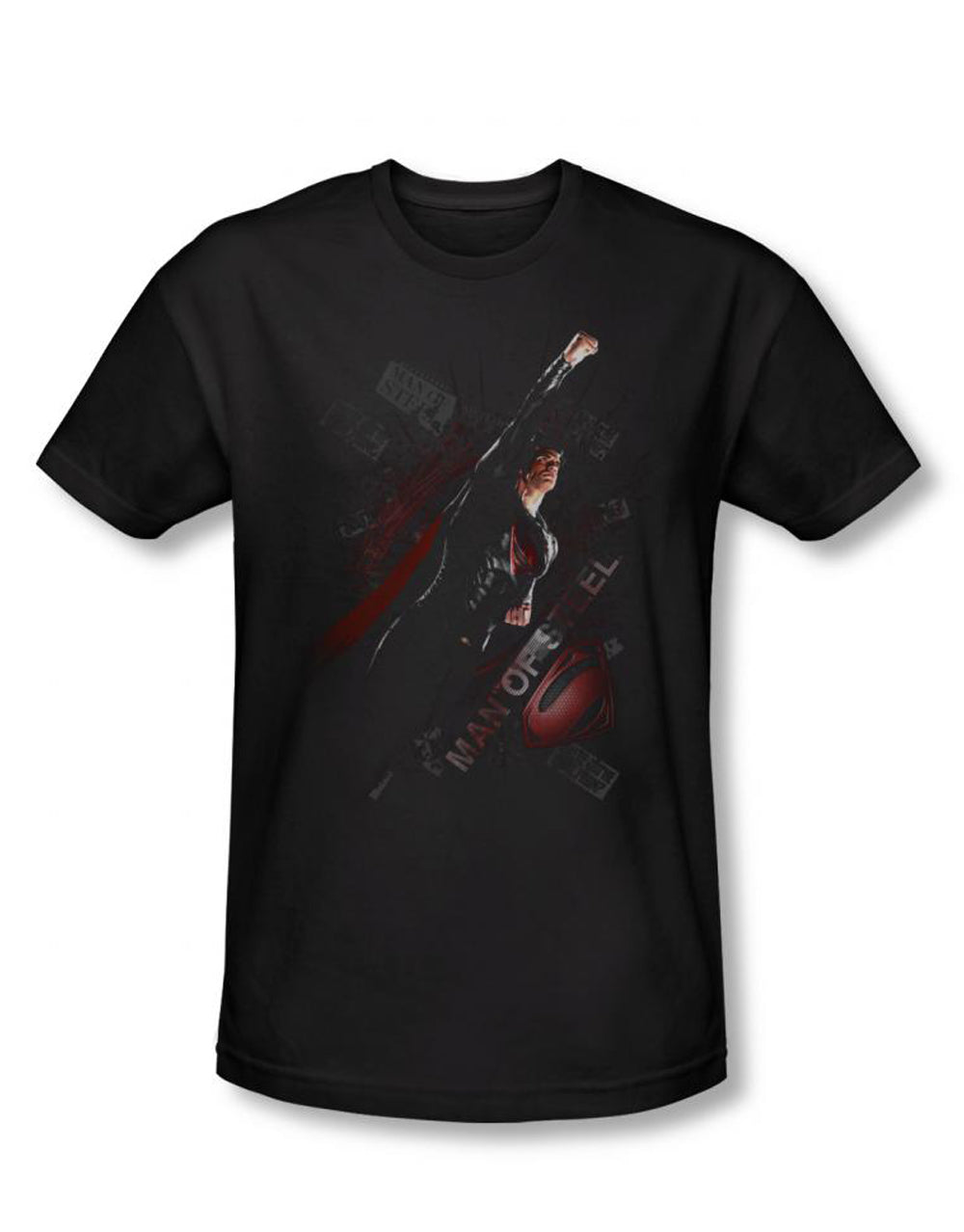 Man of Steel fly graphic on a black adult t-shirt.