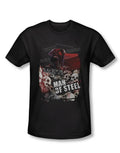 Man of Steel saviour graphic on a black adult t-shirt.