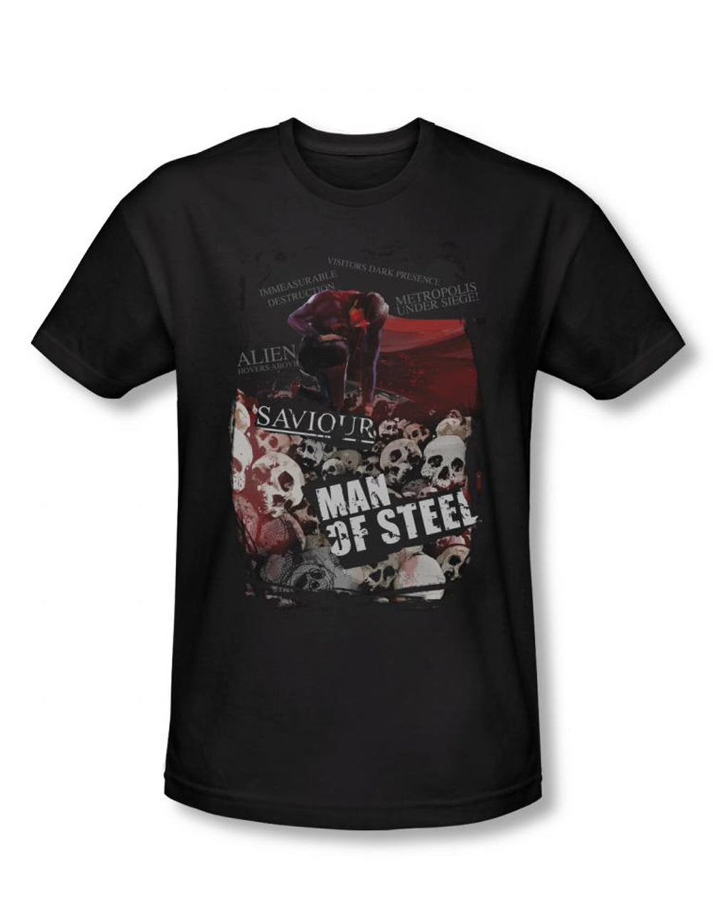Man of Steel saviour graphic on a black adult t-shirt.