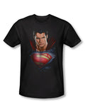 Man of Steel bust graphic on a black adult t-shirt.