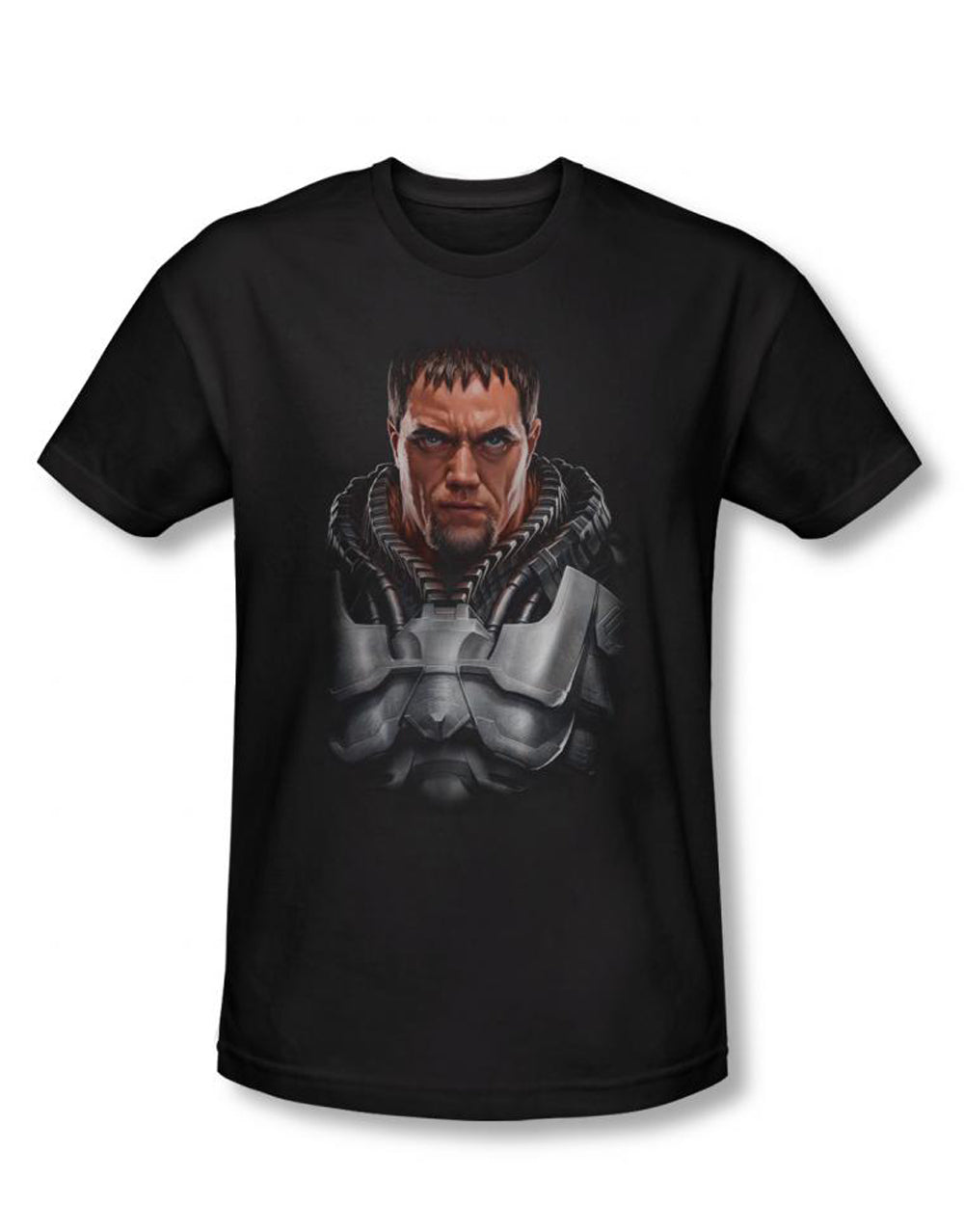 Superman Man of Steel Zod battle armor graphic on a black adult t-shirt.