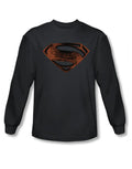 Man of Steel rust shield graphic on a charcoal grey adult long sleeve top.