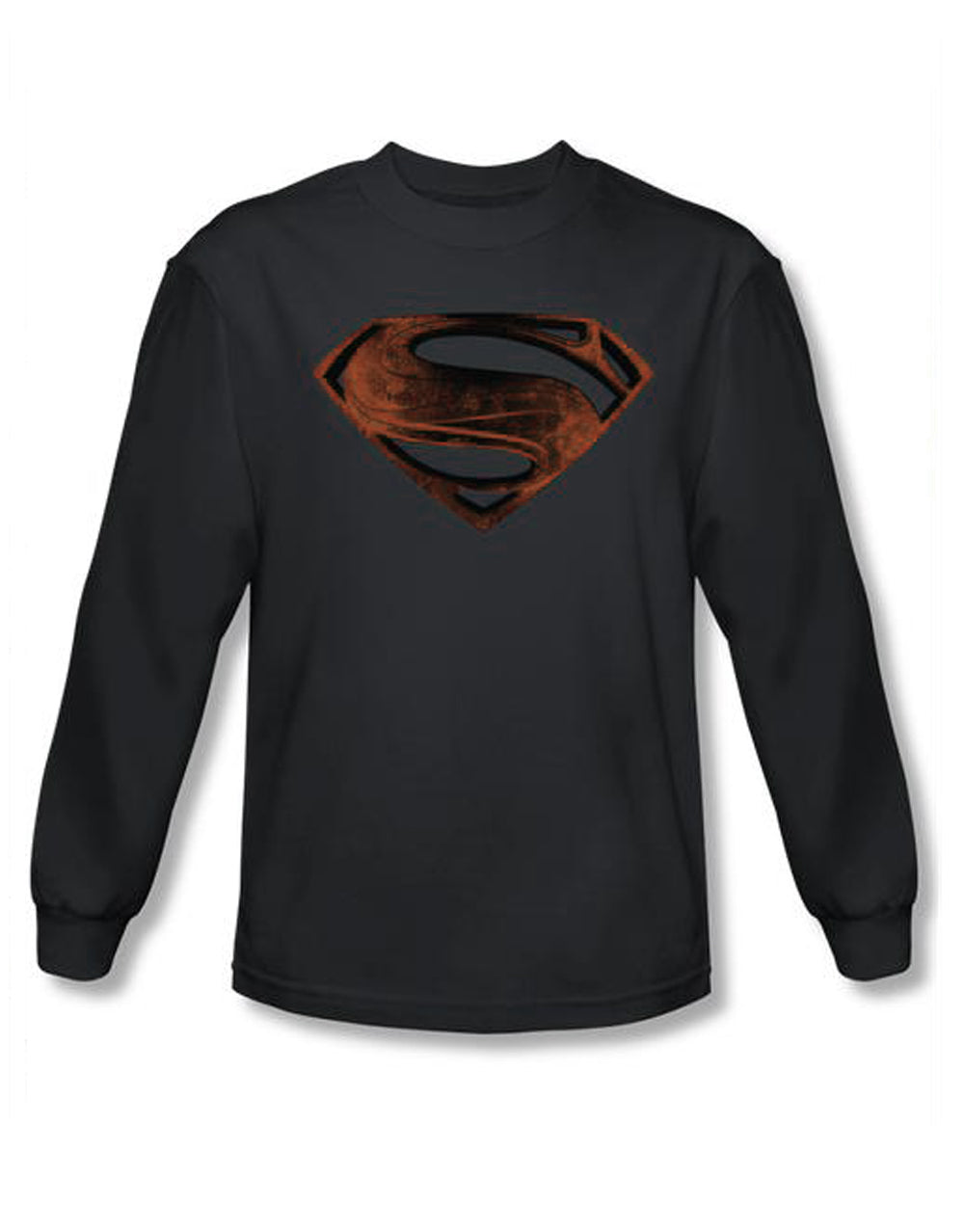 Man of Steel rust shield graphic on a charcoal grey adult long sleeve top.