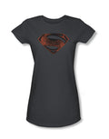 Superman Man of Steel sup shield graphic on a grey women's t-shirt.