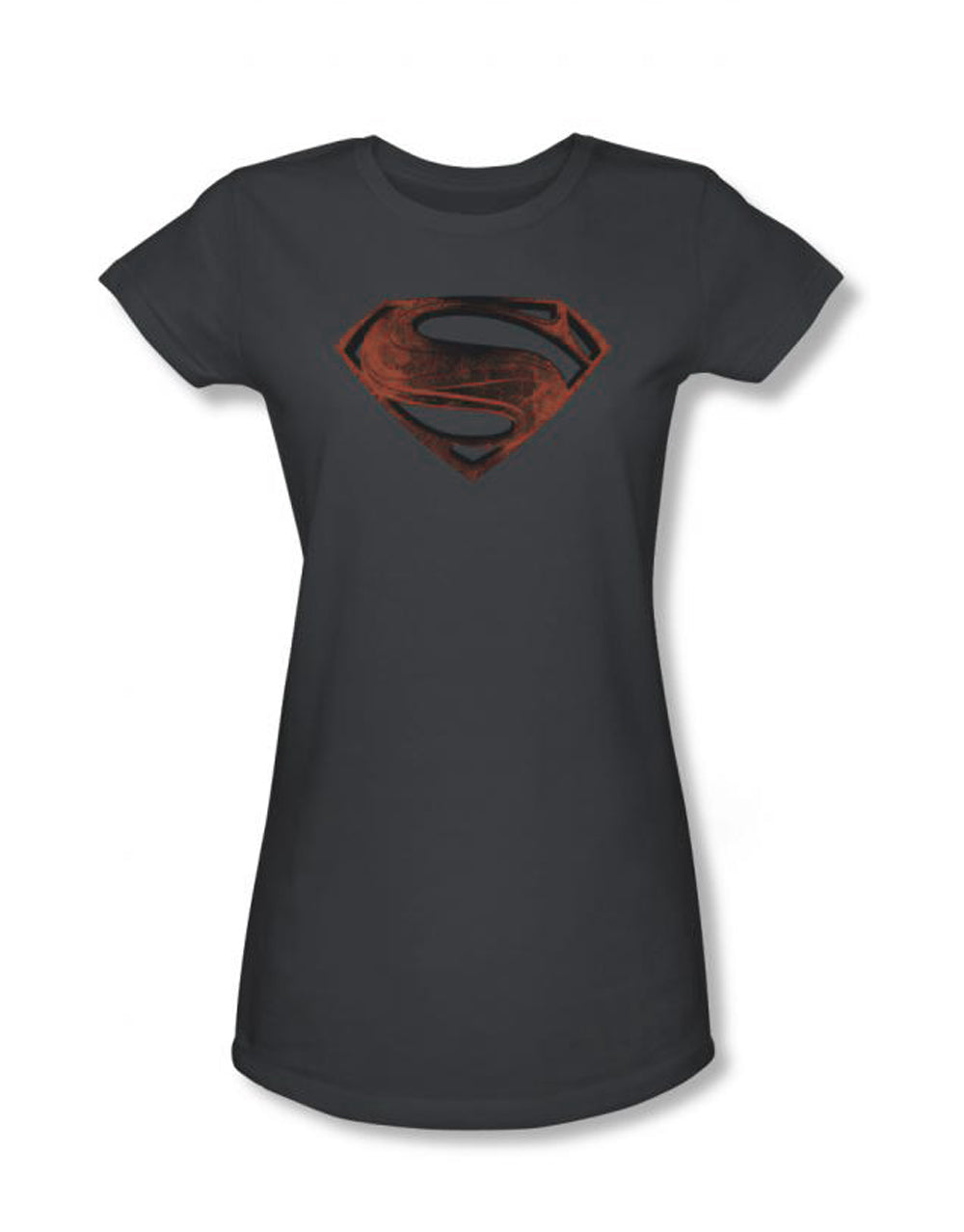 Superman Man of Steel sup shield graphic on a grey women's t-shirt.