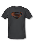 Man of Steel rust shield graphic on a charcoal adult t-shirt.