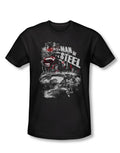 Man of Steel Superman and Zod graphic on a black adult t-shirt.