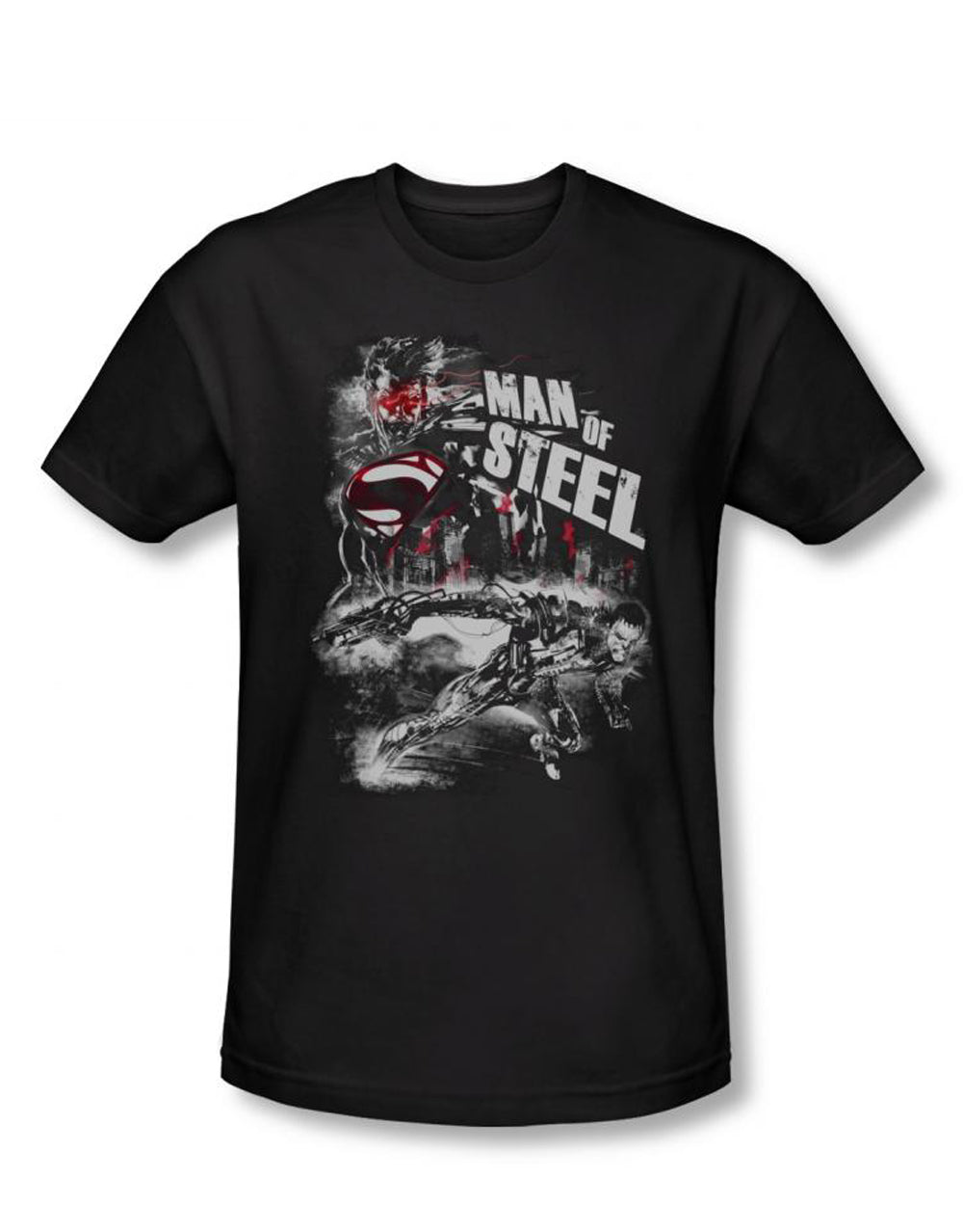 Man of Steel Superman and Zod graphic on a black adult t-shirt.
