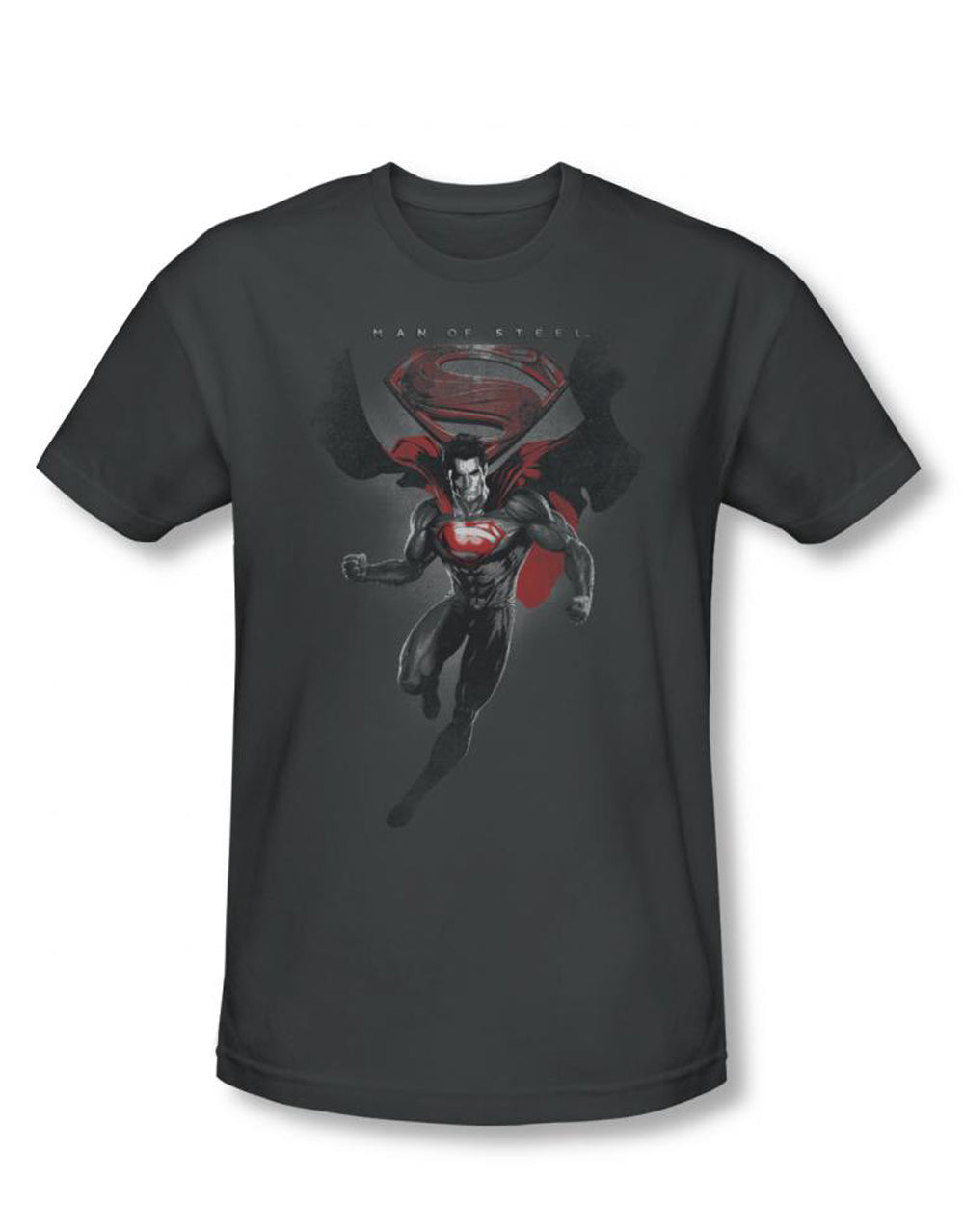 Man of Steel Superman distressed graphic on a charcoal grey adult t-shirt.