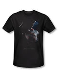 Man of Steel movie poster graphic on a black adult t-shirt.