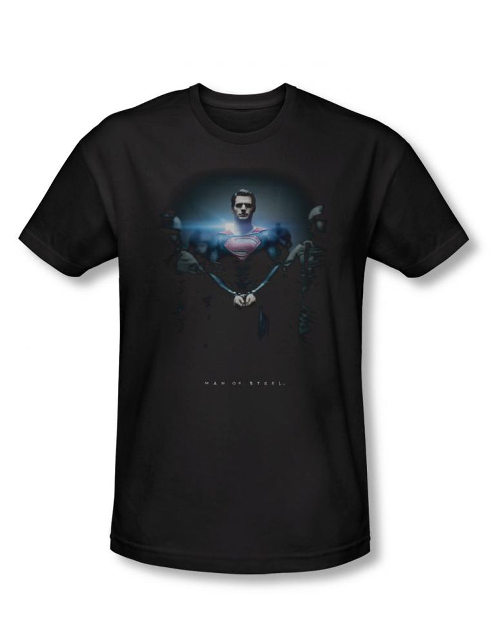 Man of Steel handcuffed graphic on a black adult t-shirt.