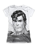 Superman head graphic on a white women's t-shirt.