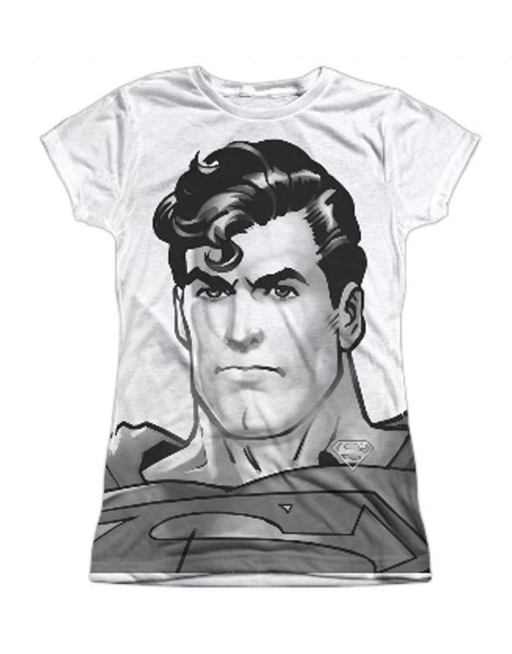 Superman head graphic on a white women's t-shirt.