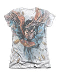 Superman bullets in the sky graphic on a white women's t-shirt.