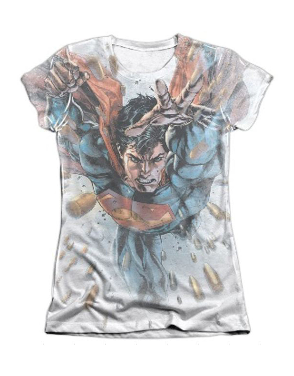 Superman bullets in the sky graphic on a white women's t-shirt.