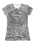Superman rock and rumble graphic on a white women's t-shirt.